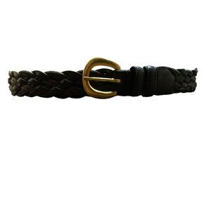 Vtg Bugle‎ Boy Black Split Leather Woven Belt Solid Brass Buckle Waist 37-40"